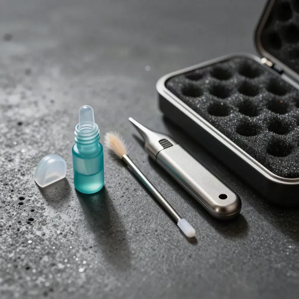 Hearing-aid maintenance tools on dark concrete: wax guards, brush, tester, and open case