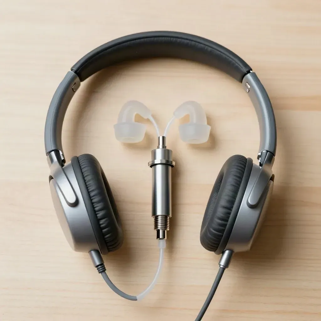 Overhead audiology tools with headphones, ear molds, and a calibration coupler on pale wood.