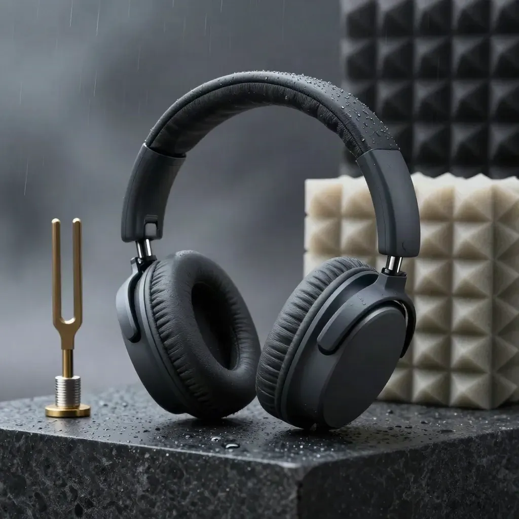 Graphite headphones with ear domes, tuning fork and calibration parts on a dark stone plinth.