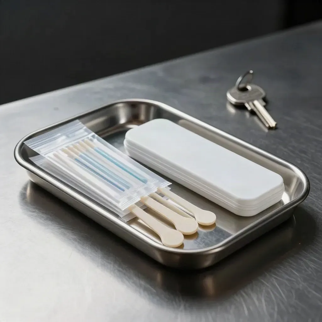 Clinic intake tray with swabs, tongue depressors, and otoscope parts on brushed steel
