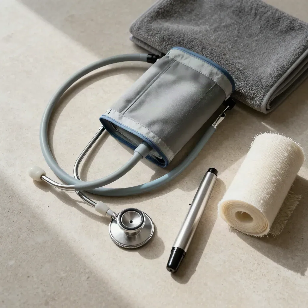 Top-down nursing kit with cuff, stethoscope chestpiece, penlight and gauze on pale stone.