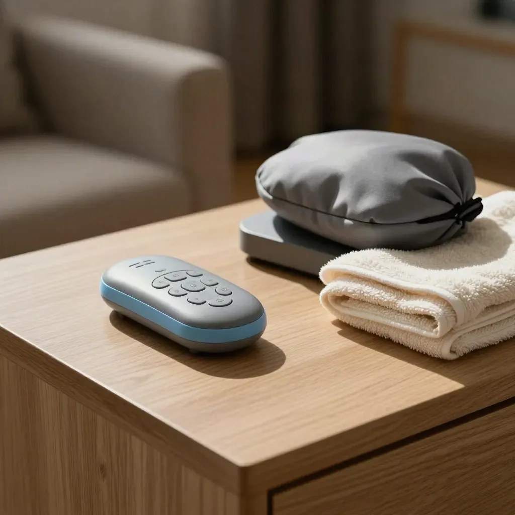 Senior-care bedside kit on pale oak beside an evening chair, with call button, cradle, towel and pouch.