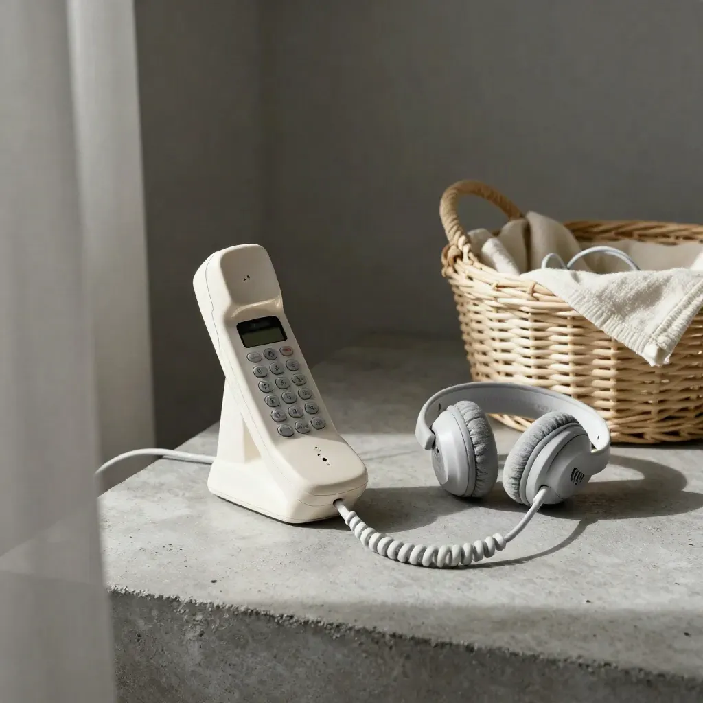 Handset dock, headset, charging lead and woven basket on concrete in soft daylight.