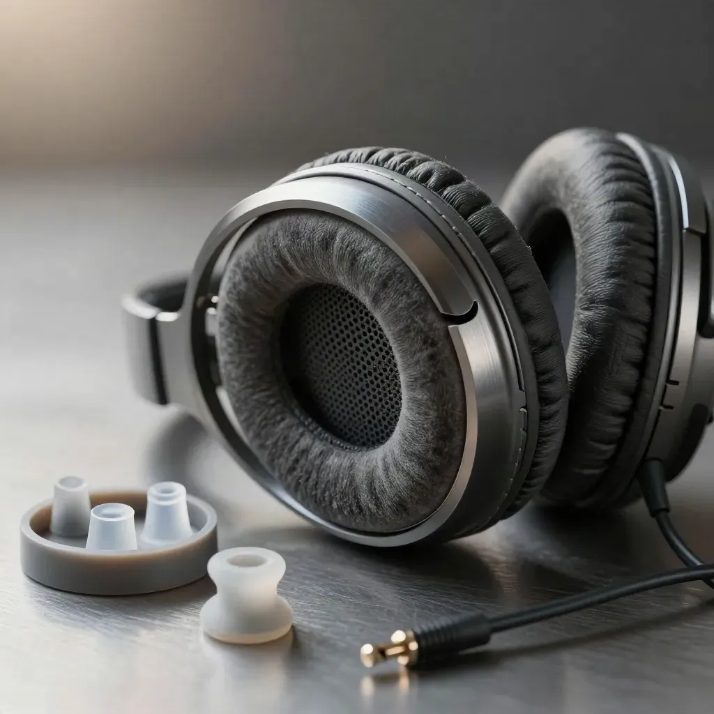Macro of open-back headphones beside silicone ear tips on brushed metal