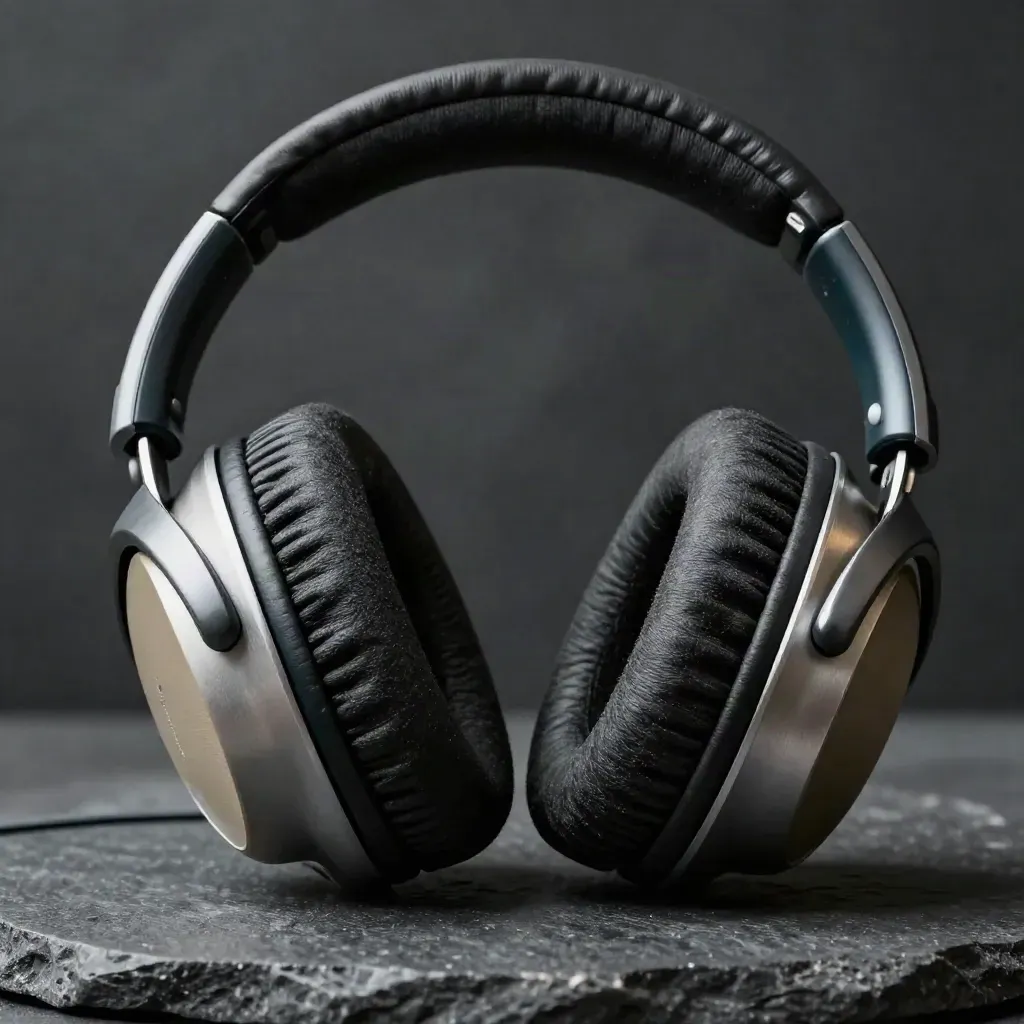 Macro of closed-back isolation headphones and an acoustic baffle on dark stone, lit dramatically