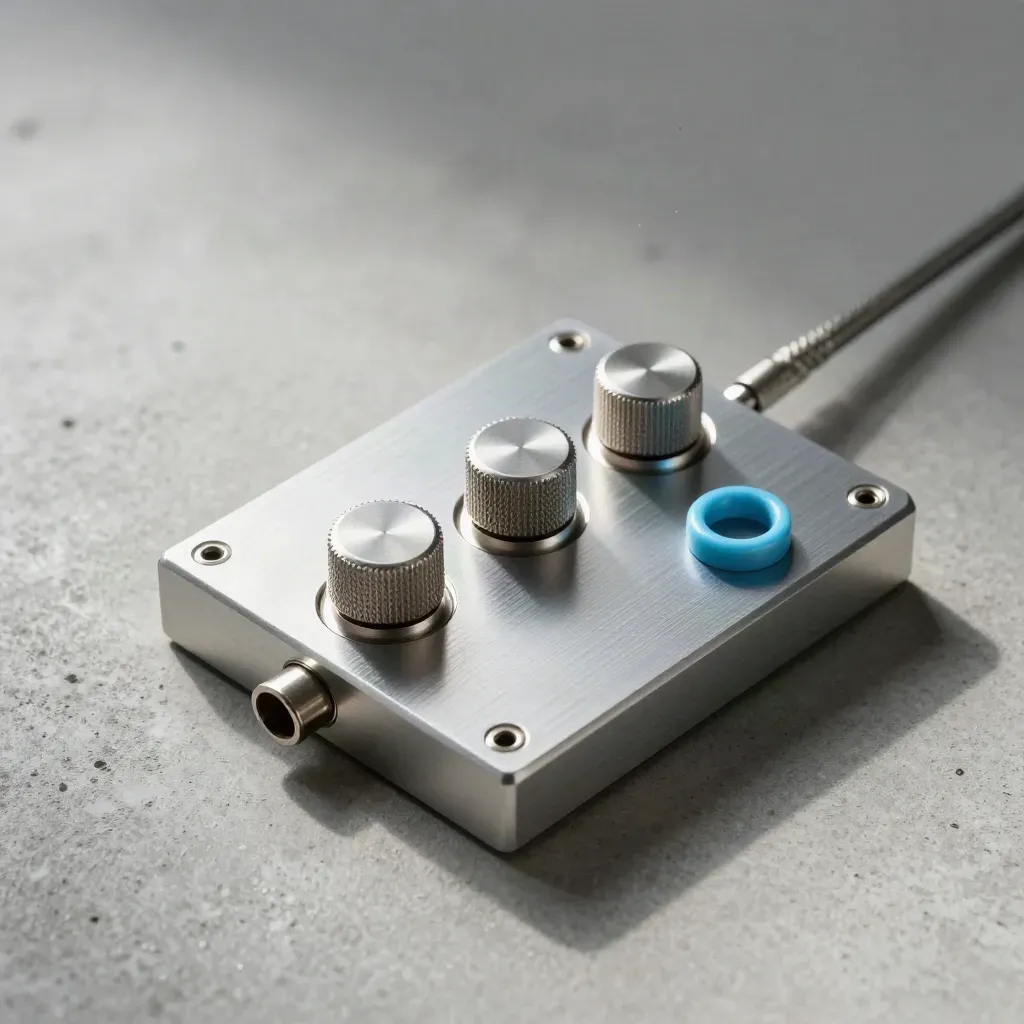 Brushed-aluminum EQ module with three knurled dials and adapter plug on pale concrete