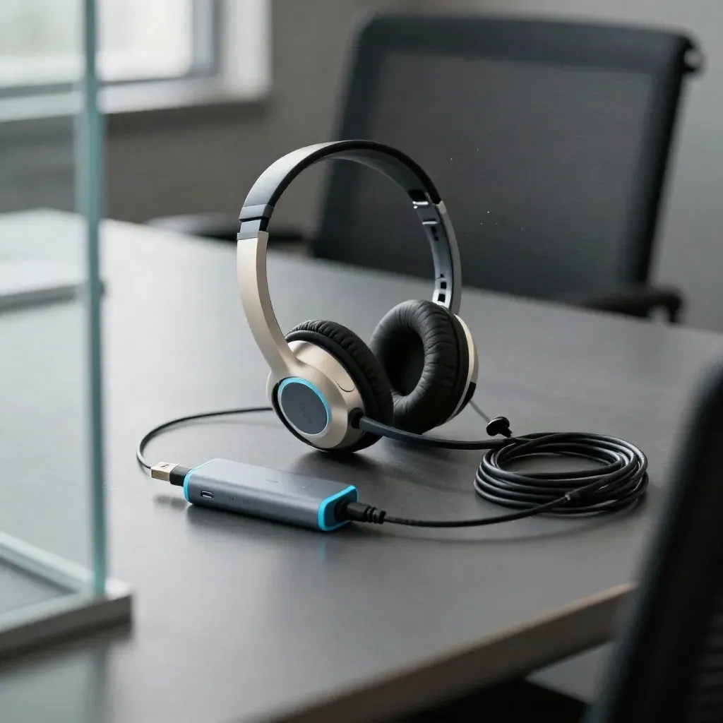 Office headset, audio dongle, mic base and coiled cable on graphite by a conference room