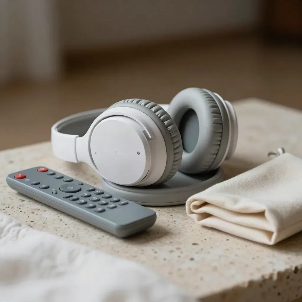 Wireless TV listening headphones in a cradle beside a face-down remote and fabric pouch on pale stone.