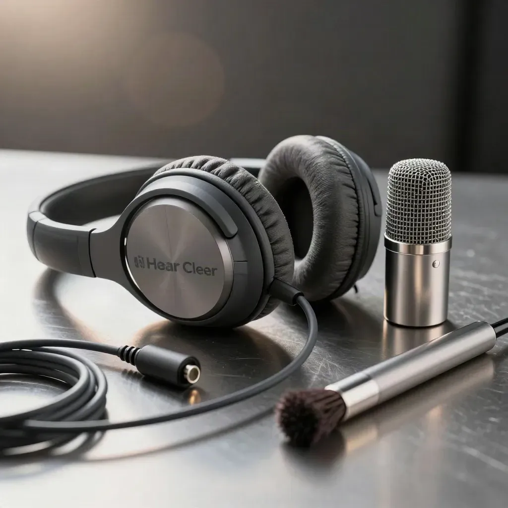 Headphones, microphone, cable and brush on brushed metal in a moody macro still life