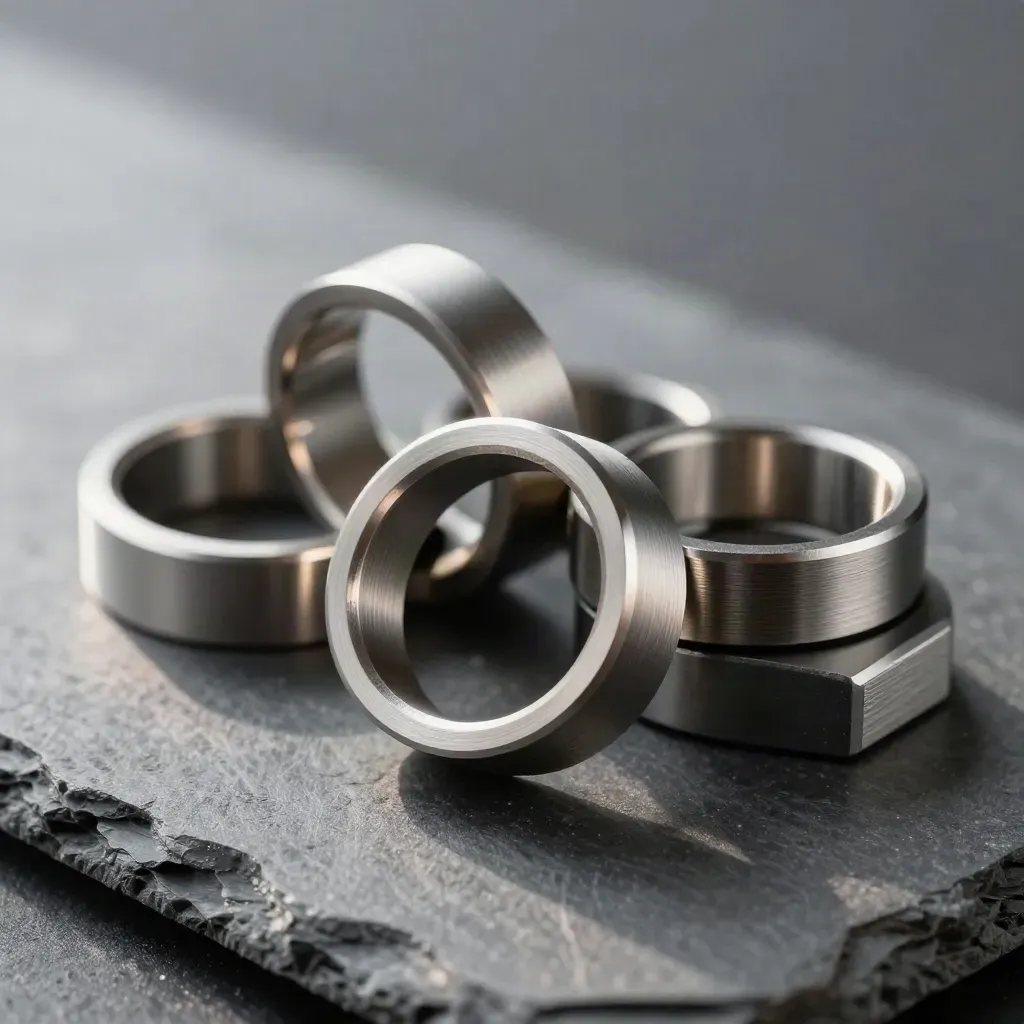 Machined aluminum rings and a connector block on slate, lit by soft daylight with dust motes.