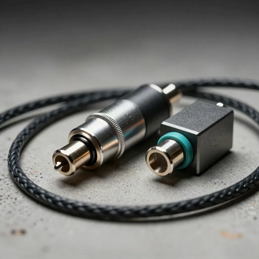 Metal audio couplers and a braided cable coil on pale concrete under dramatic studio light.