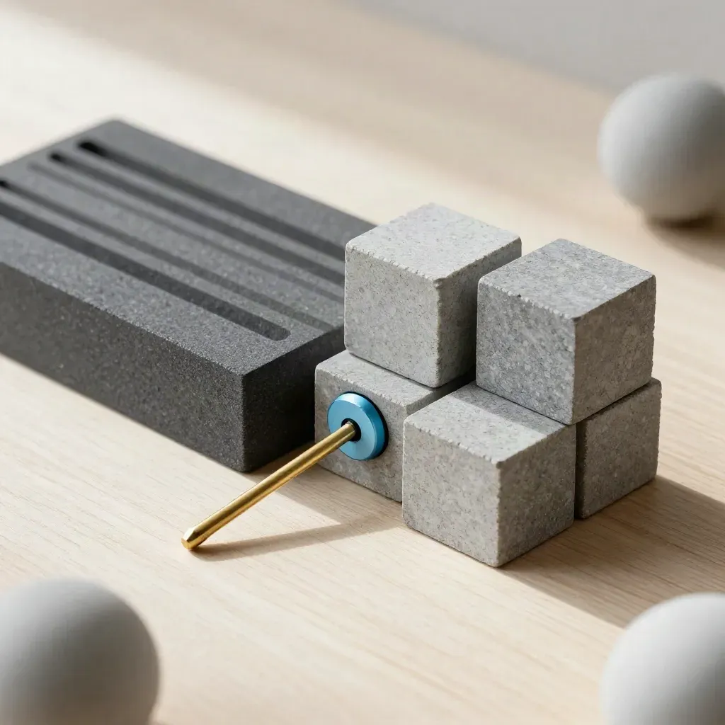 Graphite blocks, stone cubes, and brass pin on pale wood, top-down still life.
