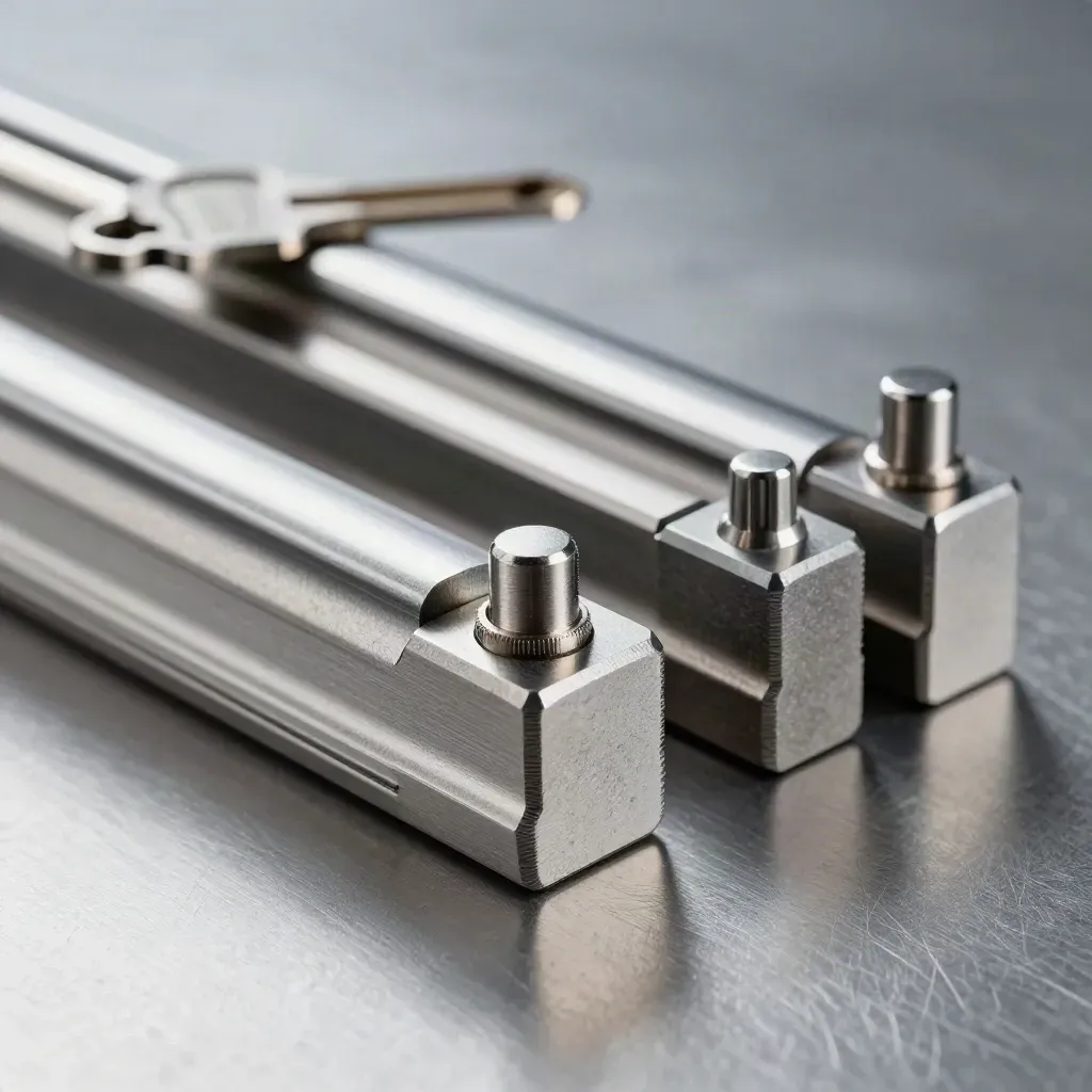 Machined rails and lock pins on brushed metal, lit in a sleek industrial macro close-up.