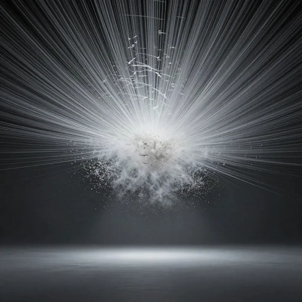 Silver filaments converge into a soft white bloom in deep graphite space.